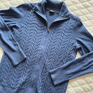 Talbots Sz M Blue Cable Knit Zip Up Sweater Fitted Light Weight Cotton Wool